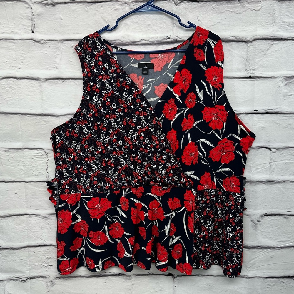 J Jason WU Top plus sz 2X blue red floral Peplum Sleeveless Stretch wais… - Picture 3 of 10